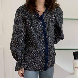 Floral Print Button-up Blouse Blue - One Size