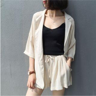 Set: Plain 3/4 Sleeve Coat + Drawstring Shorts