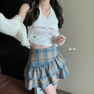 Print Halter Top / Plaid Skirt