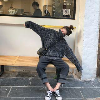 Mock Neck Sweater / High-waist Color Block Woolen Pants