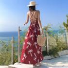 Spaghetti Strap Lace-up Patterned Slit A-line Maxi Dress