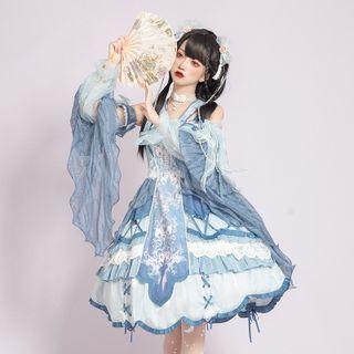 Set: Long-sleeve A-line Dress + Arm Sleeve + Choker