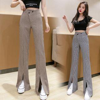 Plaid Front-slit Boot-cut Pants