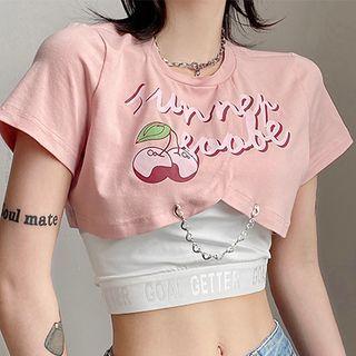Set: Short-sleeve Print Crop Top + Tube Top