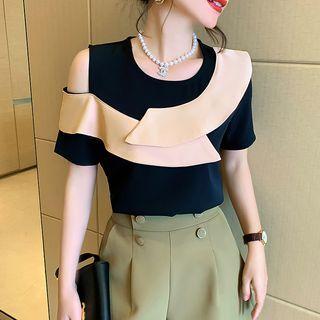 Short-sleeve Cold Shoulder Two Tone Blouse