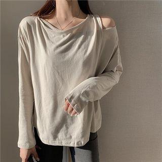Cold Shoulder Long-sleeve T-shirt Gray - One Size