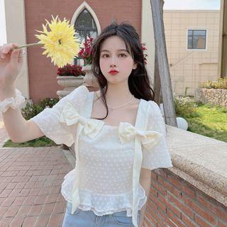 Puff-sleeve Dotted Bow Chiffon Blouse White - One Size