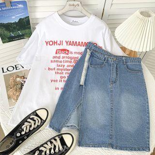 Set: Lettering T-shirt + Asymmetric Denim Midi Skirt