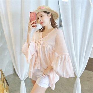 V-neck Tie-front Shirred Cotton Top