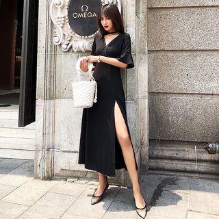 Plain Elbow Sleeve Midi Side Slit Dress