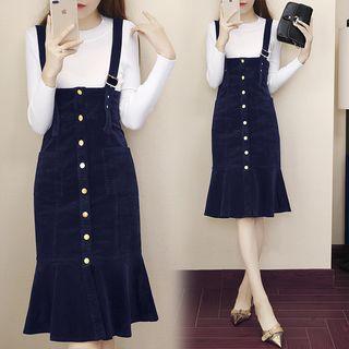 Set: Long Sleeve Knit Top + Corduroy Mermaid Jumper Dress