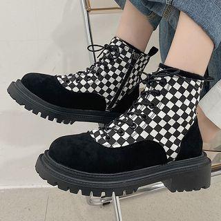 Checker Print Lace-up Short Boots
