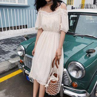 Puff Short-sleeve Off-shoulder Chiffon Midi Dress