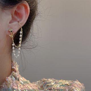 Rose Faux Pearl Chained Cuff Earring 1 Pc - Gold - One Size
