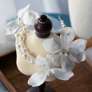 Set: Wedding Faux Pearl Flower Headband + Fringed Earring Headpiece & 1 Pair - Clip On Earring - White - One Size