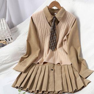 Set: Sweater Vest + Long-sleeve Mini Collared Dress