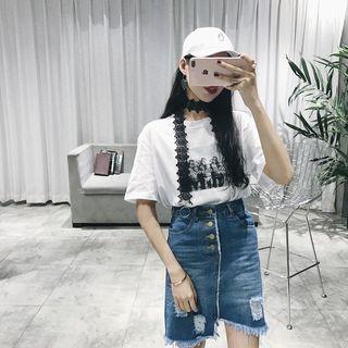 Set: Print Short-sleeve T-shirt + Denim Skirt