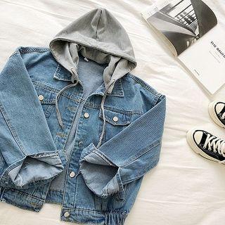 Mock Two-piece Long-sleeve Hooded Denim Jacket