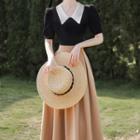 Short-sleeve Collared Knit Top / A-line Midi Skirt