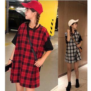 Short-sleeve Plaid Mini T-shirt Dress