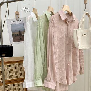 Textured Long-sleeve Plain Shirt