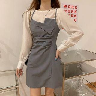 Set: Long-sleeve Plain Top + Spaghetti Strap Mini Sheath Dress