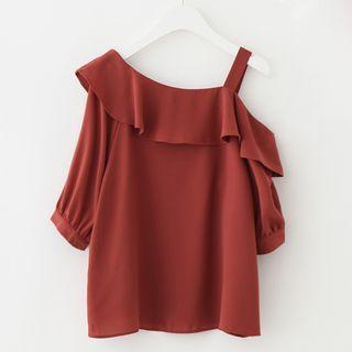 Asymmetric Frilled Elbow-sleeve Chiffon Top