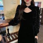 Long-sleeve Sequined Midi Sheath Dress Black - One Size