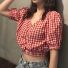 Checked Crop Short-sleeve Blouse