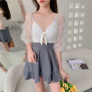 3/4-sleeve Dotted Mesh Panel Cutout Swimdress
