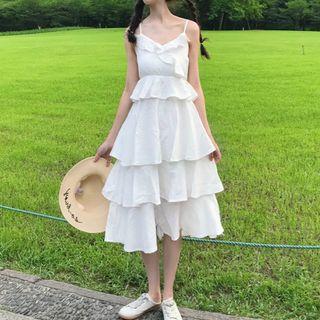 Ruffle Trim Midi Spaghetti Strap Tiered Dress