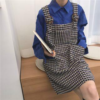 Plain Long-sleeve Loose-fit Shirt Knit / Check Jumper Dress