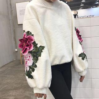 Embroidered Puff Sleeve Mock Neck Top