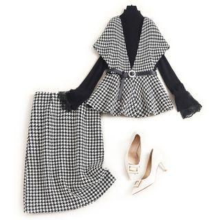Set: Long-sleeve Top + Sleeveless Houndstooth Knit Top + Pencil Skirt