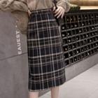 High-waist Plaid Split Hem Woolen Skirt