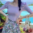 Balloon-sleeve Square-neck Short-sleeve T-shirt