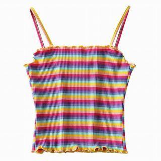 Striped Lettuce Edge Cropped Ribbed Camisole Top