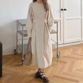 Long-sleeve Cinch-waist Midi A-line Dress