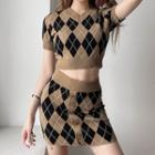 Short-sleeve Argyle Knit Crop Top / Mini Pencil Skirt