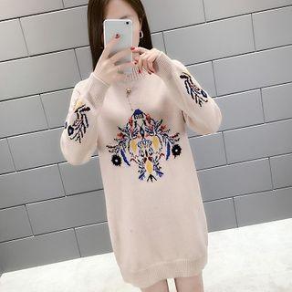 Mock Neck Print Mini Sweater Dress