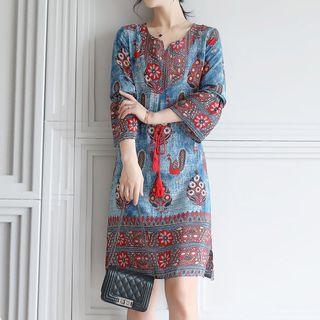 Patterned Tasseled Long-sleeve Dress