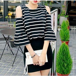 Cutout-shoulder Stripe Panel Sheath Dress Black, White - One Size