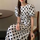 Puff-sleeve Dotted Midi A-line Dress Black Dotted - White - One Size