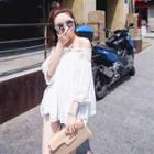 Off-shoulder Lace-panel Top White - One Size