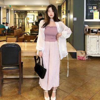 Plain Bandeau Top / Wide Leg Pants / Light Jacket