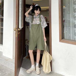Short-sleeve Plaid Shirt / Jumper Shorts