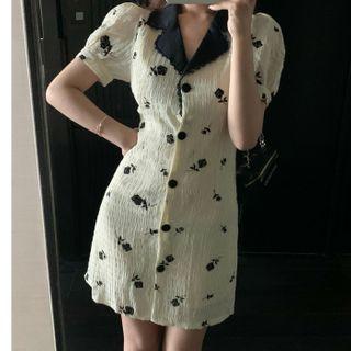 Retro Rose Print Lapel Short-sleeve Dress