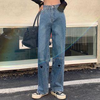 High-waist Heart Embroidered Straight Leg Jeans