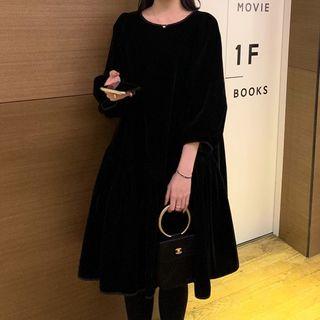 Elbow-sleeve Mini A-line Velvet Dress