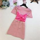 Set: Twist Cropped Camisole Top + Short-sleeve T-shirt + Mini A-line Skirt